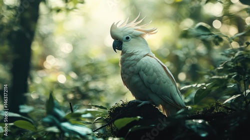 Elegant Sulphur-Crested Cockatoo Perched in Lush Tropical Rainforest Canopy