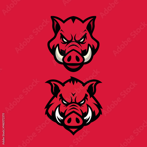 Pair of Identical Fierce Red Wild Boar Head Mascot Logos with Black Outlines and White Tusks