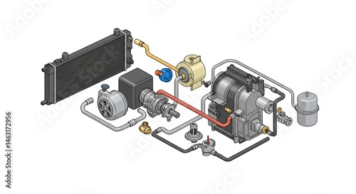Cutaway View of Engine Components with Radiator, Pump, and Various Connected Elements