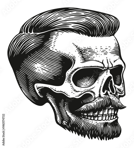 Vintage Skull Illustration with Pompadour Hairstyle Design