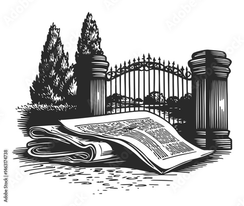 Vintage Engraving of Scrolls and Garden Gate in Black and White