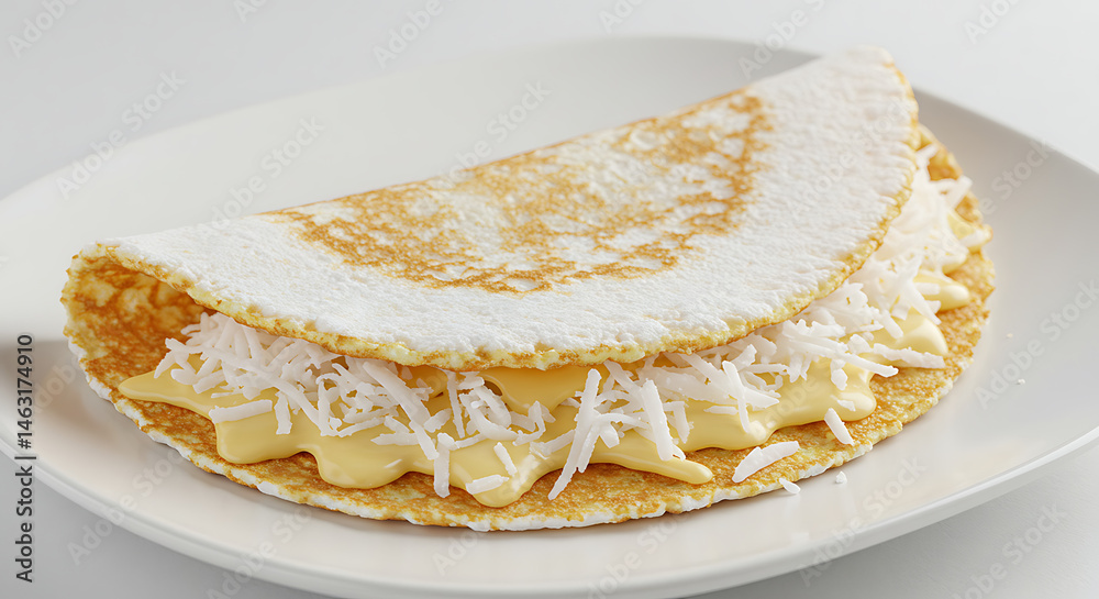Tapioca crepe filled with cheese and coconut, neatly placed on a white plate over a white background, for healthy snack advertising Tapioca crepe filled with cheese and coconut, neatly placed on a white plate over a white background, for healthy snack advertising