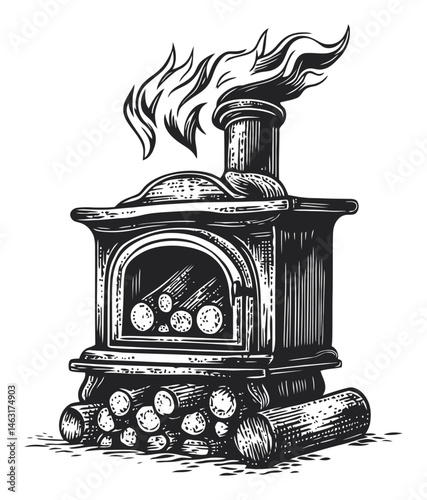 Detailed Vintage Wood Stove Engraving with Logs and Flame Design