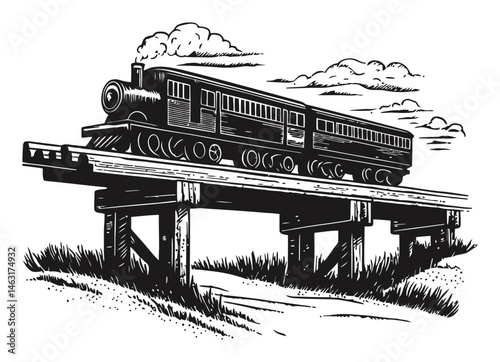 Vintage Engraving of a Steam Train on Wooden Tracks in Nature