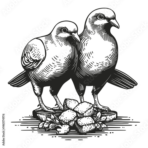 Vintage Engraving of Two Birds with Nest and Stones