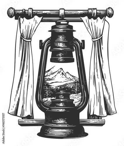 Vintage Lantern with Mountain Scene and Draped Curtains Illustration
