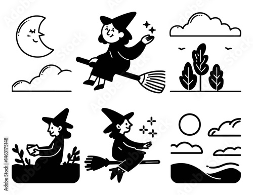 Whimsical Cartoon Doodle of Witches and Nature Scenes in Black and White