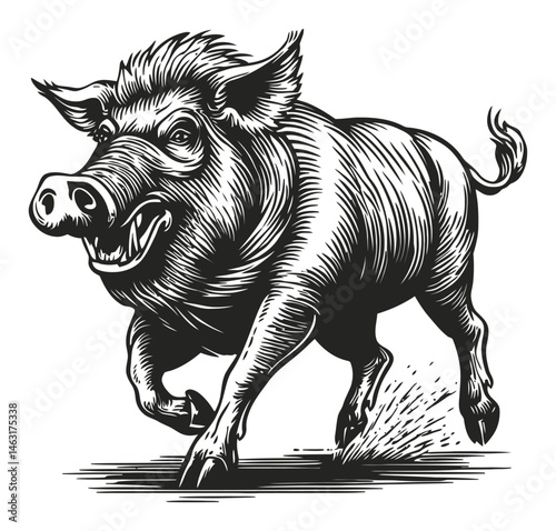 Vintage Engraving of a Wild Boar Running in Dynamic Style