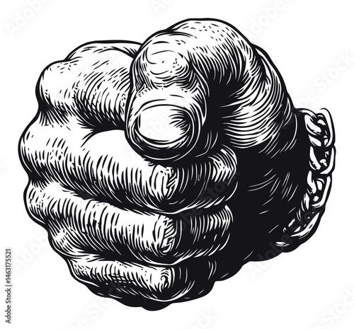 Detailed Black and White Engraving of a Fist With Chain Link