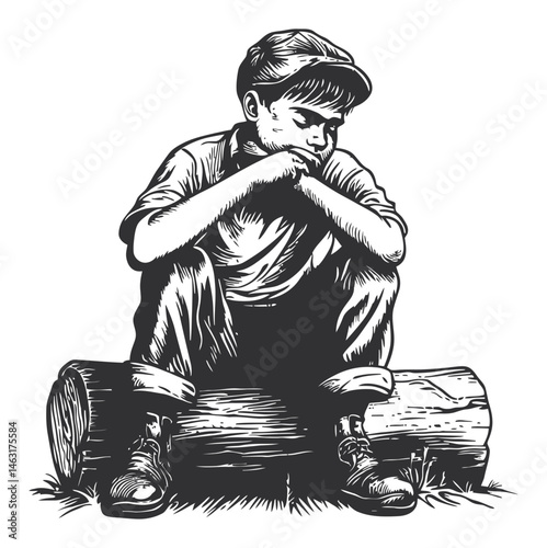 Detailed Engraving of a Pensive Boy Sitting on a Log