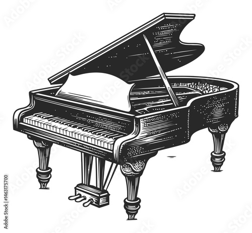 Vintage Engraving of a Grand Piano with Open Lid and Detailed Keys