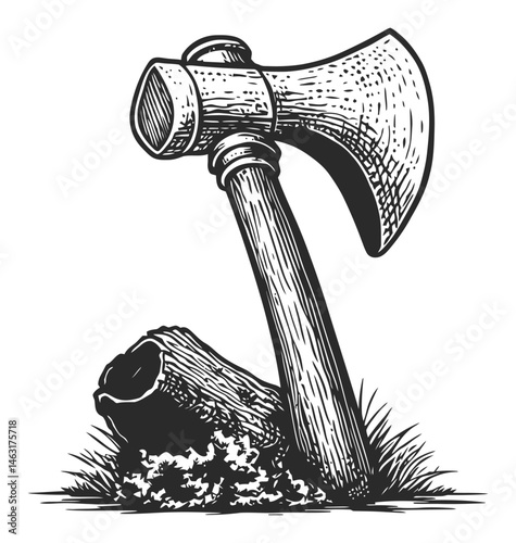 Detailed Engraving of an Axe Embedded in a Log with Grass