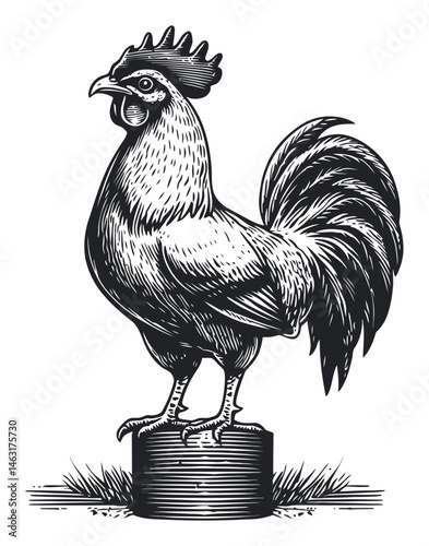 Detailed Black and White Engraving of a Proud Rooster Illustration