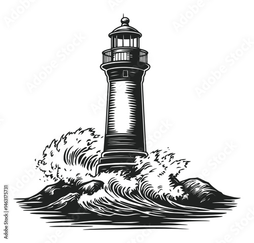 Classic Engraving of a Lighthouse Surrounded by Ocean Waves