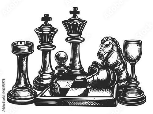 Antique Chess Set Engraving with Horse Piece and Game Board