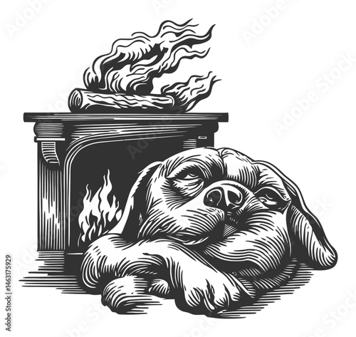 Cozy Dog by the Warm Fireplace in Detailed Engraved Style