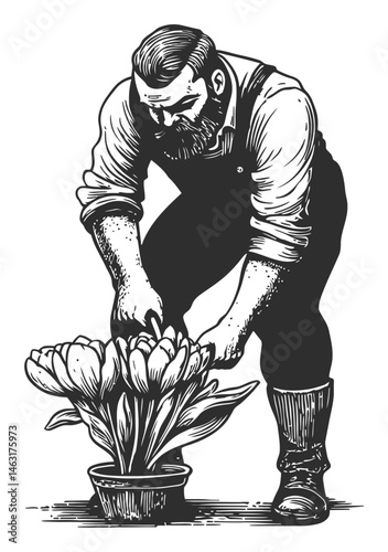 Vintage Illustration of a Bearded Man Planting Flowers in a Pot