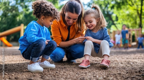 A caring teacher and two young children interacting on a playground.