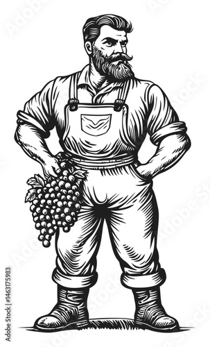 Vintage Engraving of a Bearded Farmer Holding Grapes in Overalls