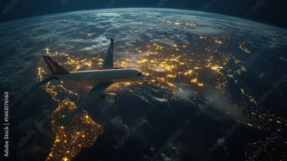 Obraz premium Commercial airliner over illuminated earth showcases global connectivity