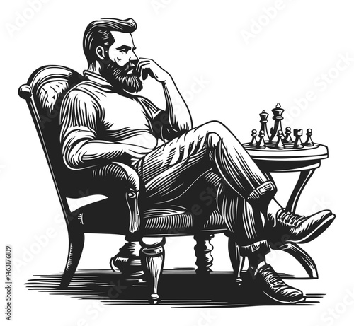 Thoughtful Man Engaged in Chess Strategy in an Engraved Style