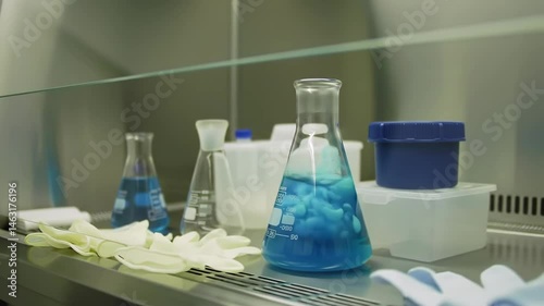 Laboratory scene showcasing various glassware with blue liquid, gloves, and equipment in a sterile environment