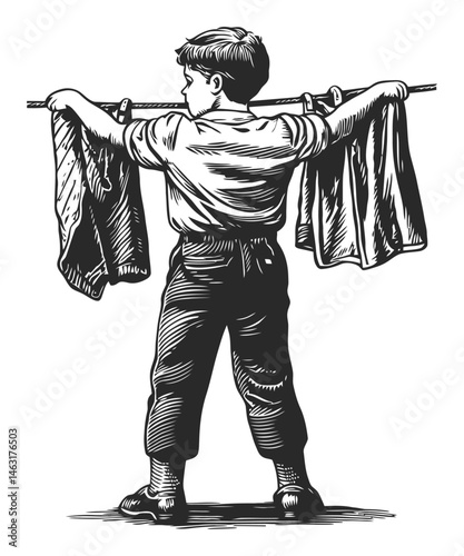 Boy Hanging Laundry on a Line in Vintage Style Engraving Art