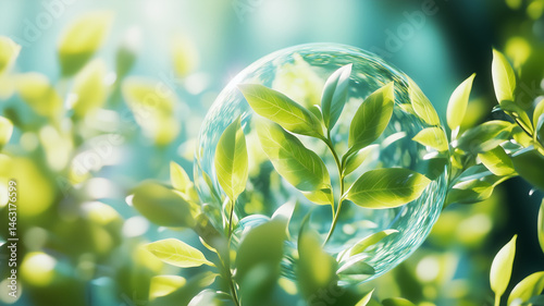 透明な水晶の中の緑の葉