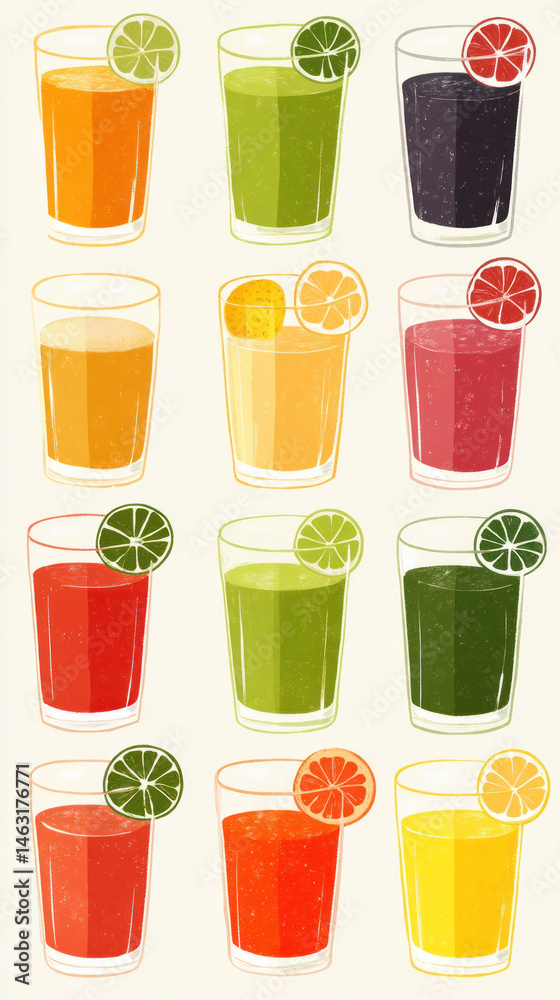 Fototapeta premium A series of colorful drinks in glasses with a lime slice on top. The drinks are arranged in a row, with each glass containing a different type of juice. Concept of variety and freshness