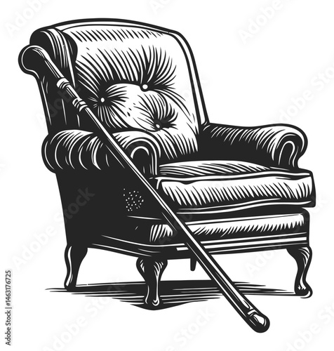 Vintage Engraving of a Plush Armchair and Walking Cane Illustration