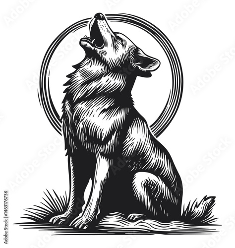 Howling Dog Engraving in Vintage Style with Radiating Lines