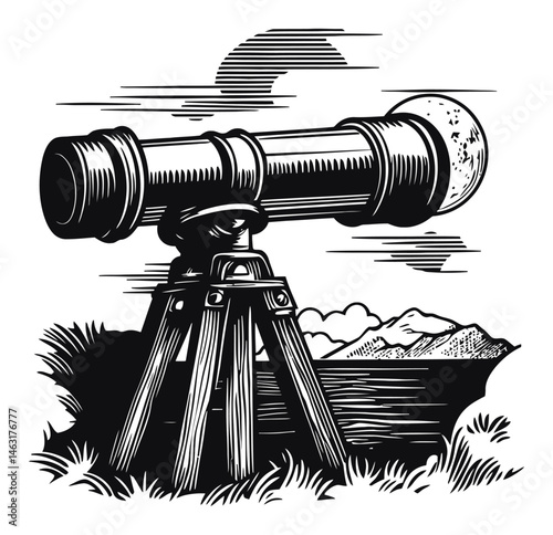 Vintage Telescope Engraving with Landscape Background Illustration