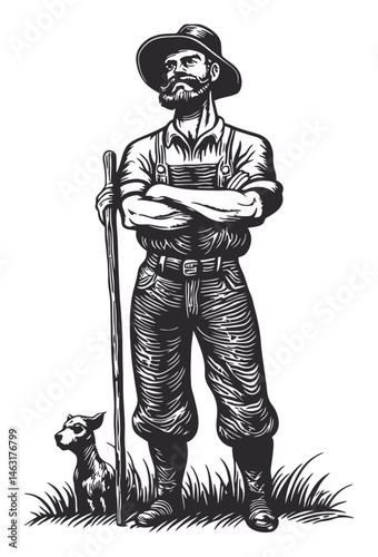 Vintage Engraving of a Farmer with a Dog Standing in Grass
