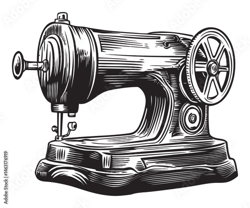 Vintage Hand-Crank Sewing Machine Engraving Artistic Illustration