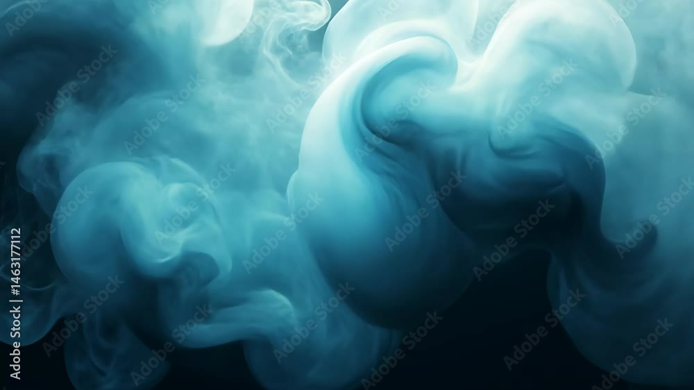 Abstract swirling teal and dark blue smoke or ink patterns on black background