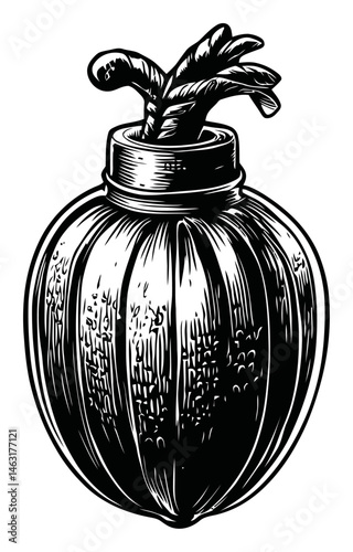 Detailed Engraving of a Decorative Bottle with Leaves and Twine