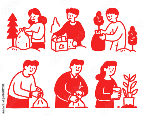 Colorful Cartoon Doodle Series of People Engaged in Gardening Activities