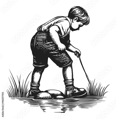 Boy Engaging with Nature in Vintage Engraving Style Illustration