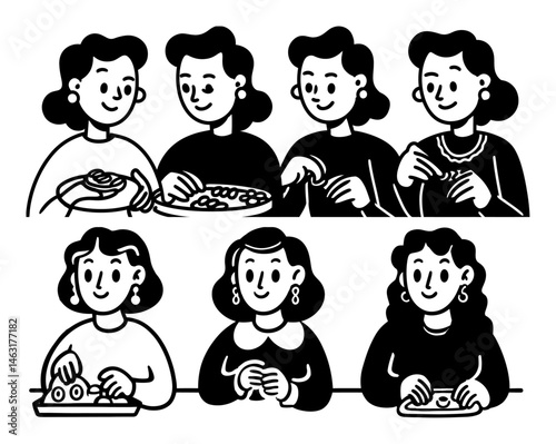 Playful Cartoon Doodle of Women Engaging in Cooking and Crafting Activities