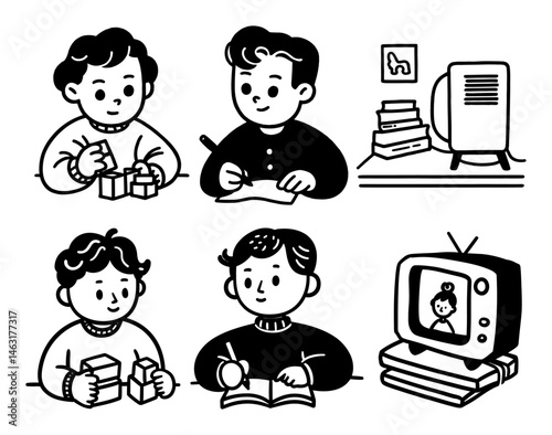 Fun Cartoon Doodle of Children Engaging in Creative Activities