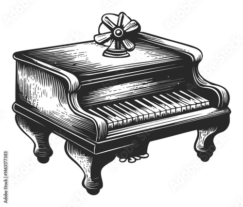 Vintage Engraving of Decorative Piano with Unique Fan Design