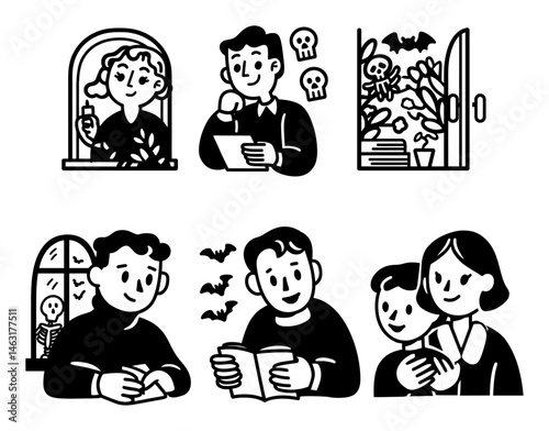 Fun Cartoon Doodles of Halloween-Themed Characters and Scenes