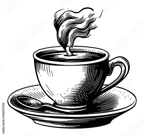 Vintage Engraving of Coffee Cup with Steam and Spoon on Plate