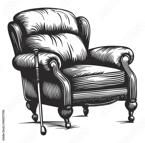Vintage Engraved Illustration of a Comfortable Armchair with Cane