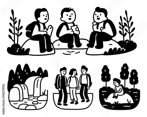 Fun Doodle Cartoon of Friends Enjoying Nature and Adventure Together