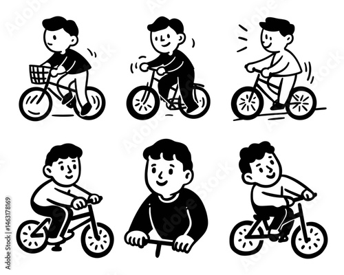 Cartoon Doodles of Boys Riding Bicycles in Various Poses and Expressions