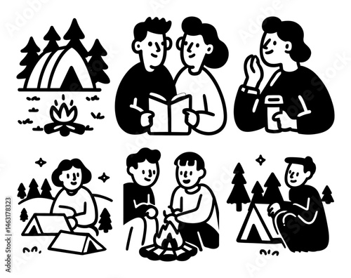 Whimsical Cartoon Doodles of Camping Activities and Nature Scenes