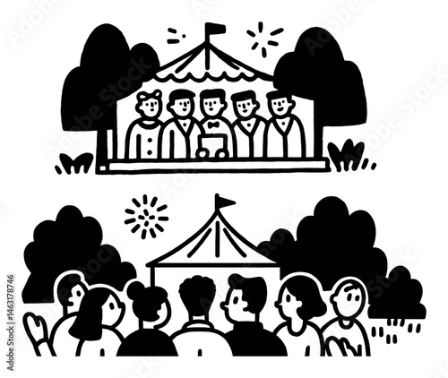 Fun Cartoon Doodle of Fair Scene with People and Tent in Nature