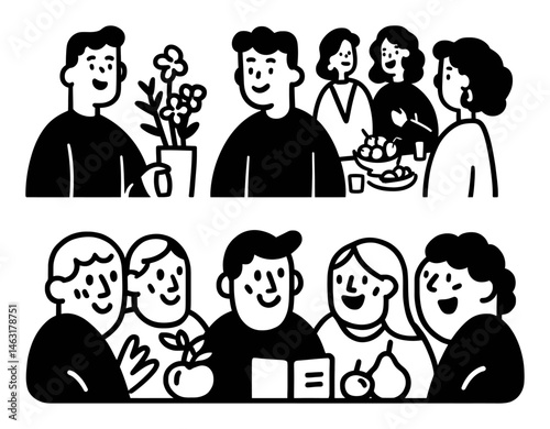 Fun and Cheerful Cartoon Doodle of Friends Socializing and Eating