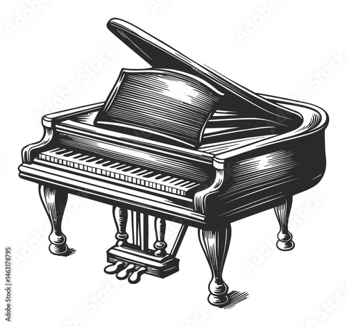 Vintage Engraving of a Grand Piano in Classic Artistic Style